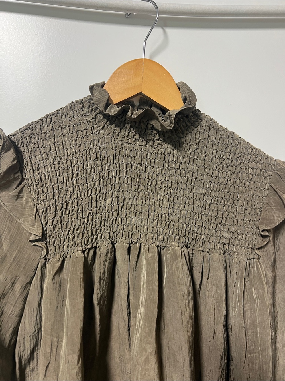 French Connection Dress, Green, Mini, Smocking on Bodice, Ruffle Accents, Small - Picture 2 of 10
